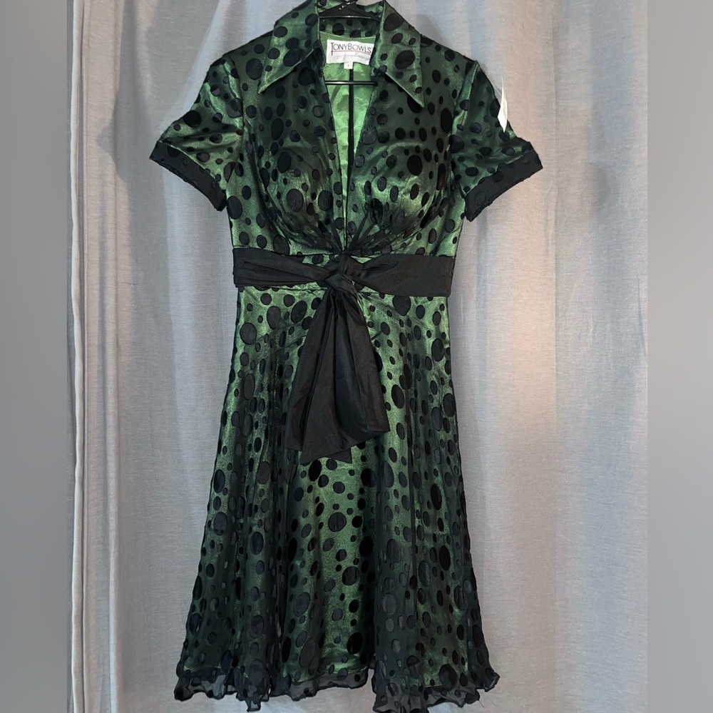 Tony Bowls Green Polka Dot Satin Prom Dress with Black Sash